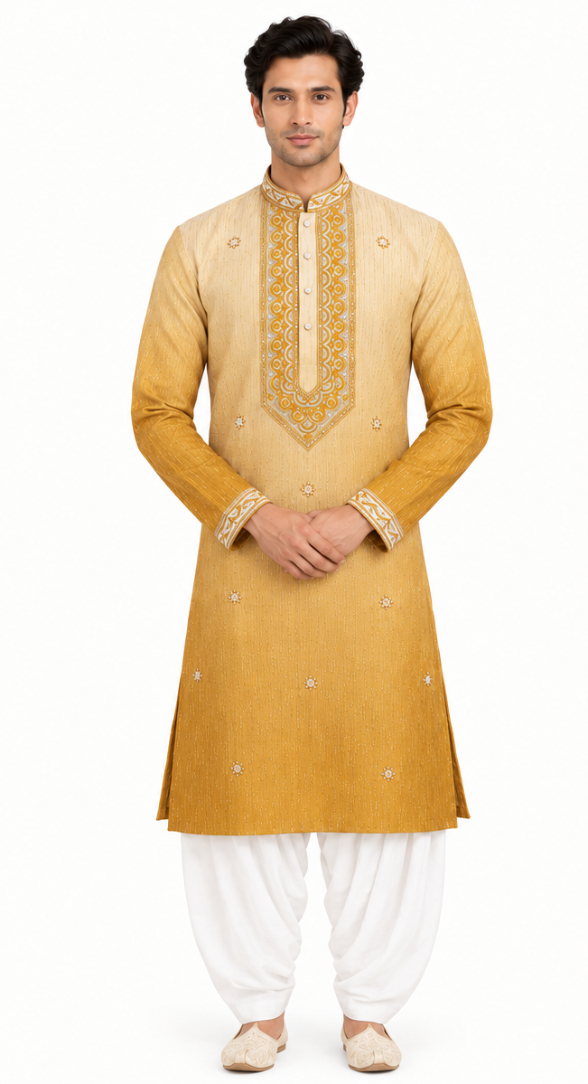 Men's mandarin collar Embroidery work kurta WK-12 - Yellow