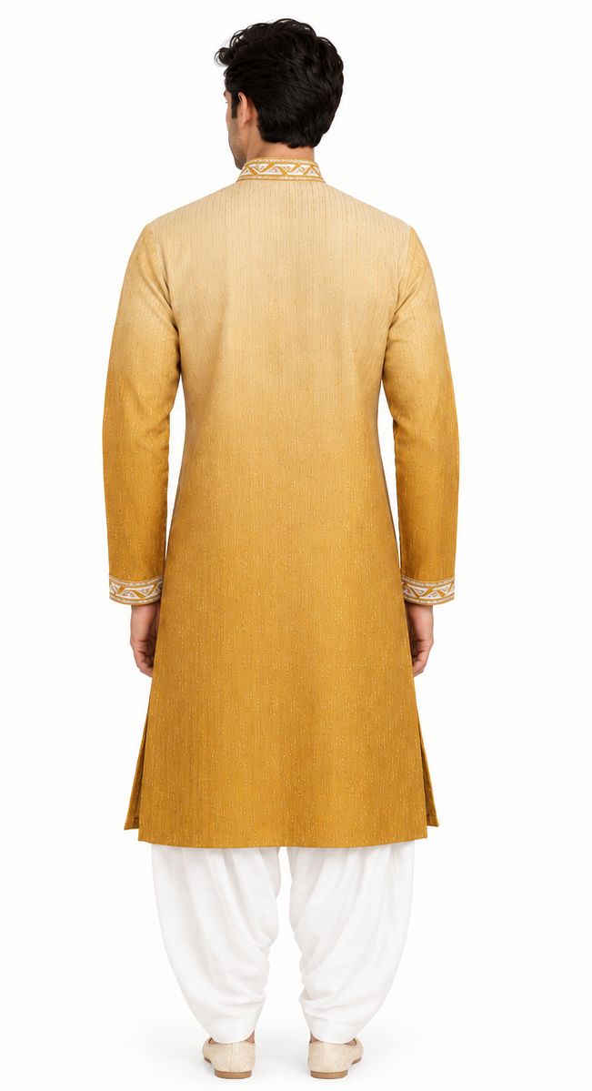 Men's mandarin collar Embroidery work kurta WK-12 - Yellow