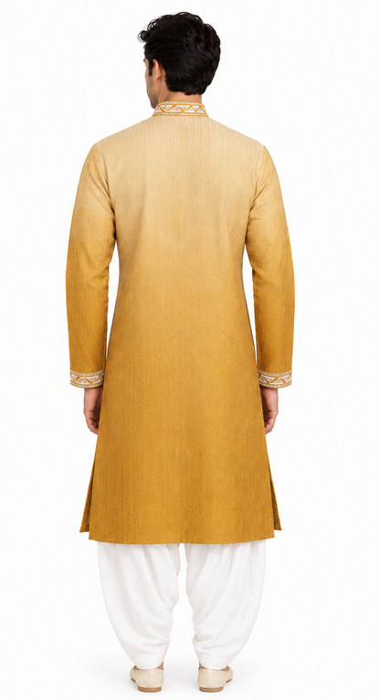 Men's mandarin collar Embroidery work kurta WK-12 - Yellow