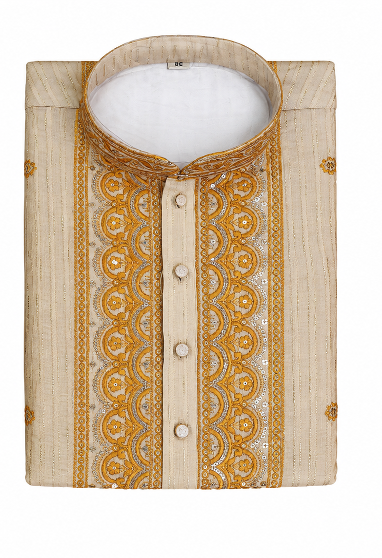 Men's mandarin collar Embroidery work kurta WK-12 - Yellow