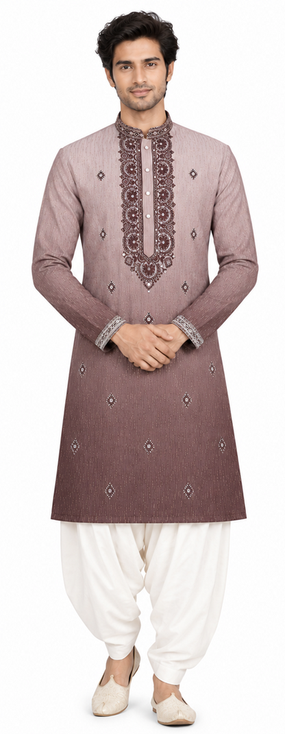 Men's mandarin collar Embroidery work kurta WK-12 - BROWN