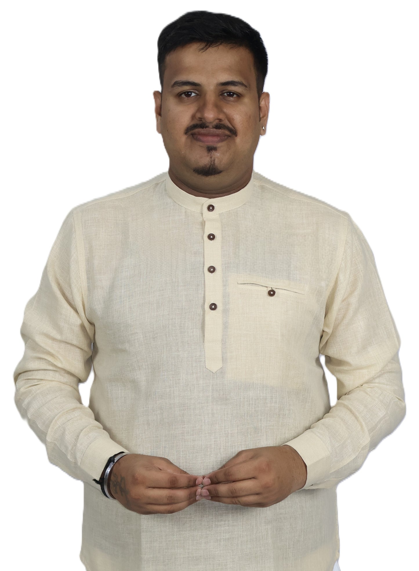 SHARPLINEN MEN'S FULL SLEEVE KURTA LIGHT BEIGE