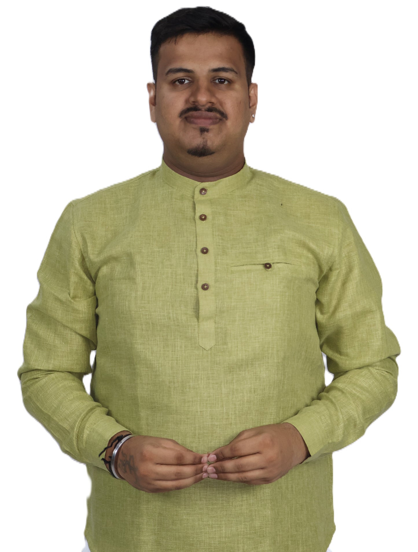 SHARPLINEN MEN'S FULL SLEEVE KURTA MEHENDI GREEN