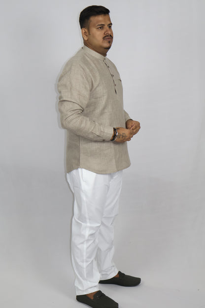 SHARPLINEN MEN'S FULL SLEEVE KURTA ASH GREY