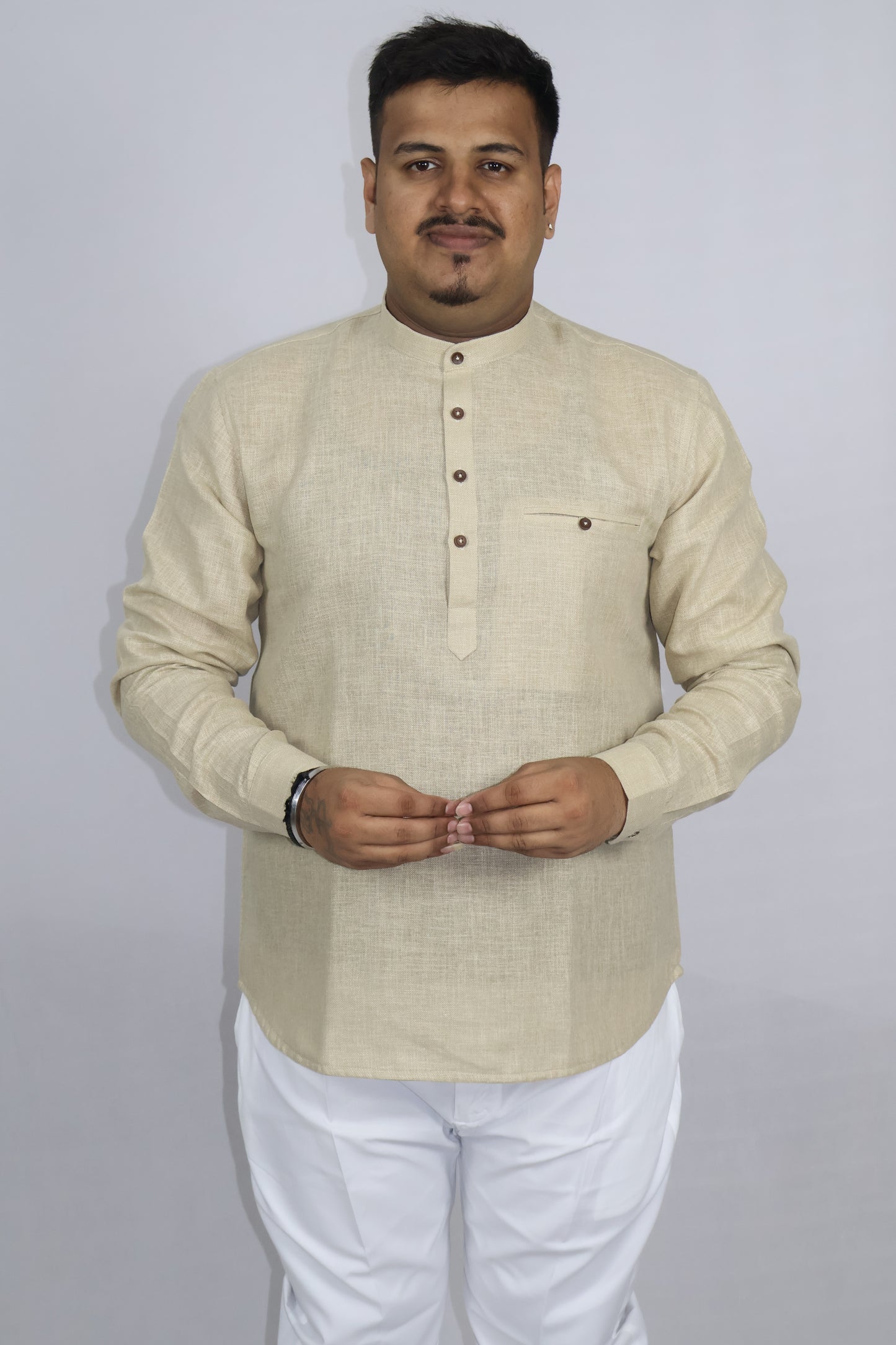 SHARPLINEN MEN'S FULL SLEEVE KURTA BEIGE