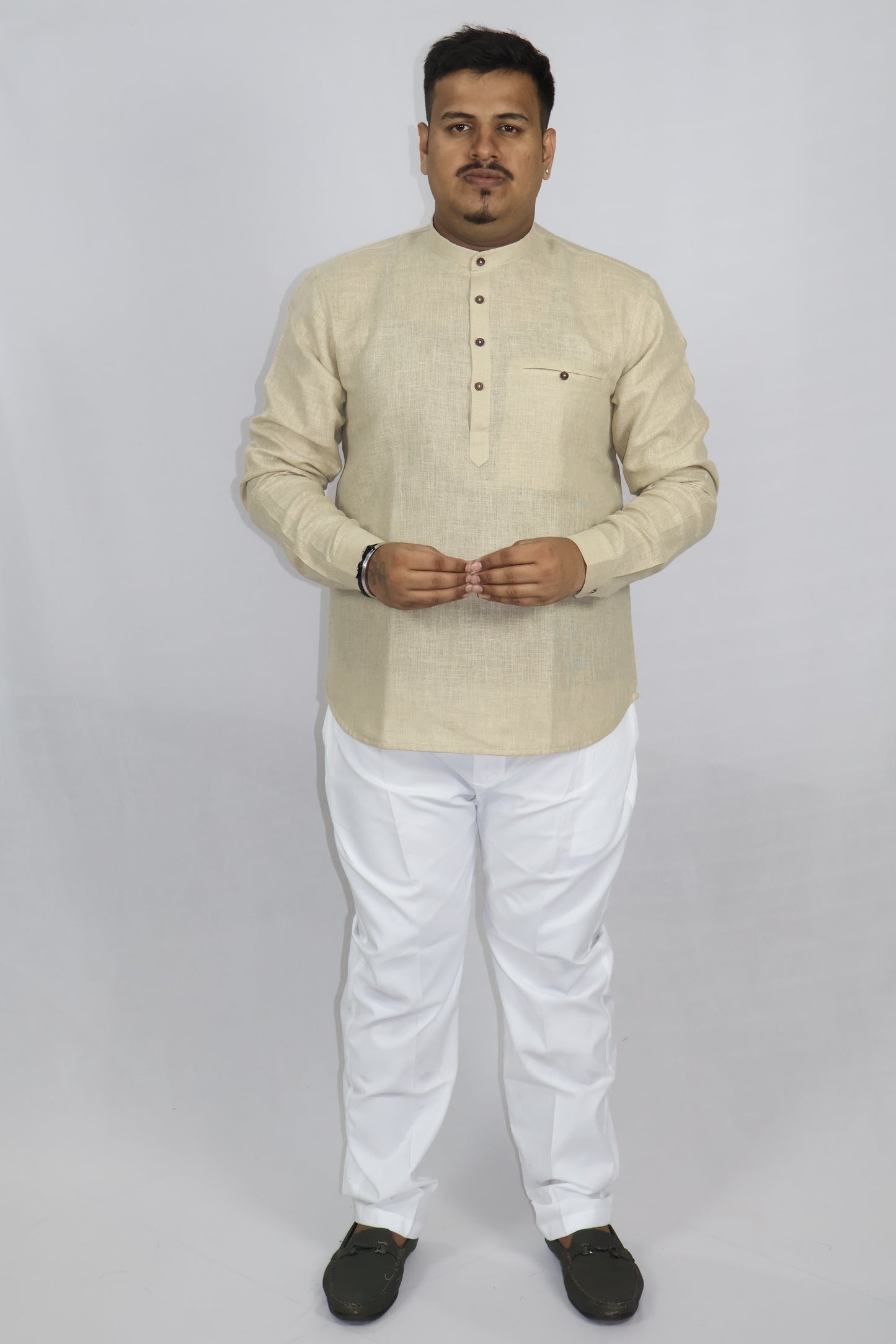 SHARPLINEN MEN'S FULL SLEEVE KURTA BEIGE