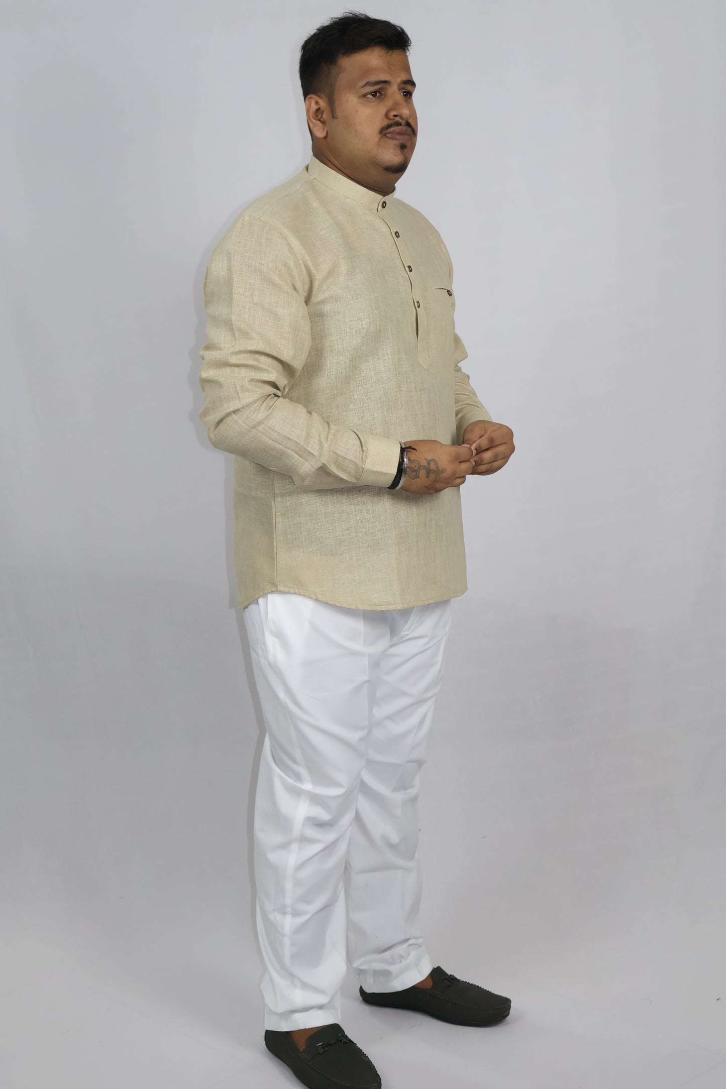 SHARPLINEN MEN'S FULL SLEEVE KURTA BEIGE