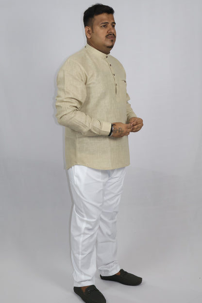 SHARPLINEN MEN'S FULL SLEEVE KURTA BEIGE