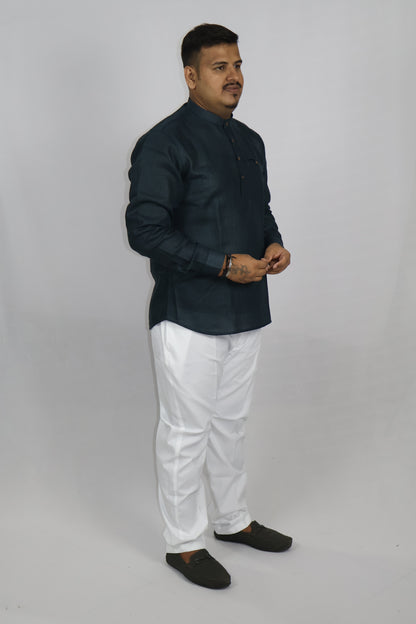 SHARPLINEN MEN'S FULL SLEEVE KURTA BOTTLE GREEN