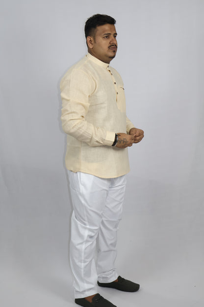 SHARPLINEN MEN'S FULL SLEEVE KURTA CREAM