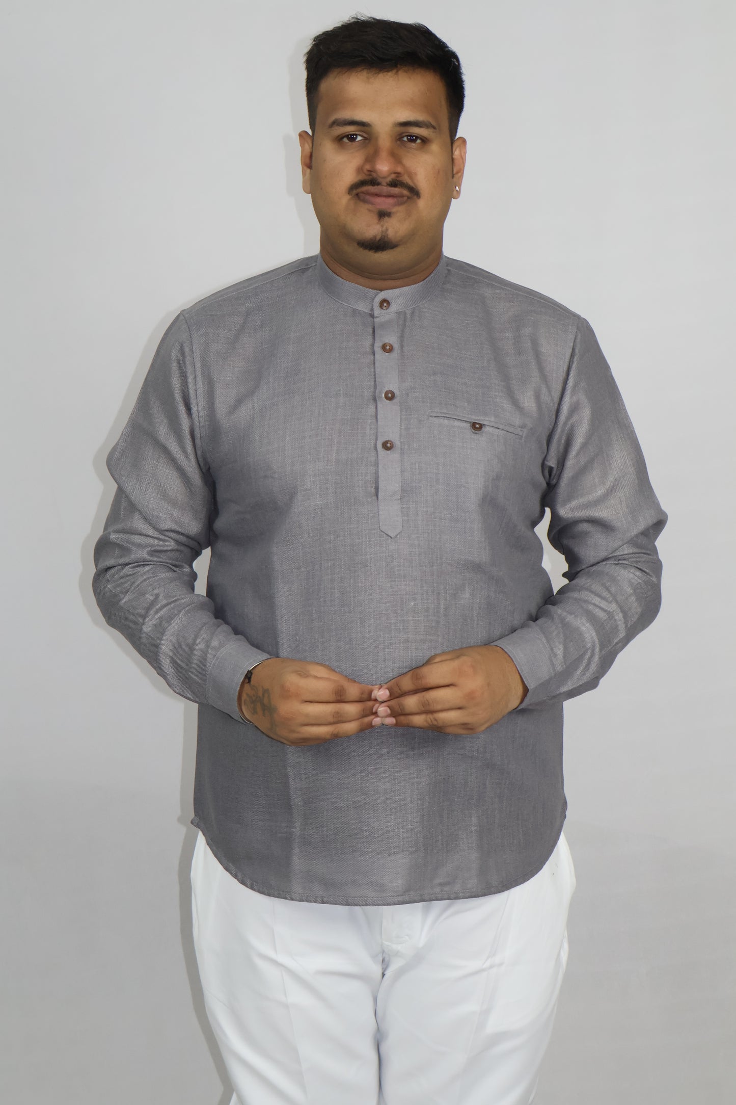 SHARPLINEN MEN'S FULL SLEEVE KURTA DARK GREY