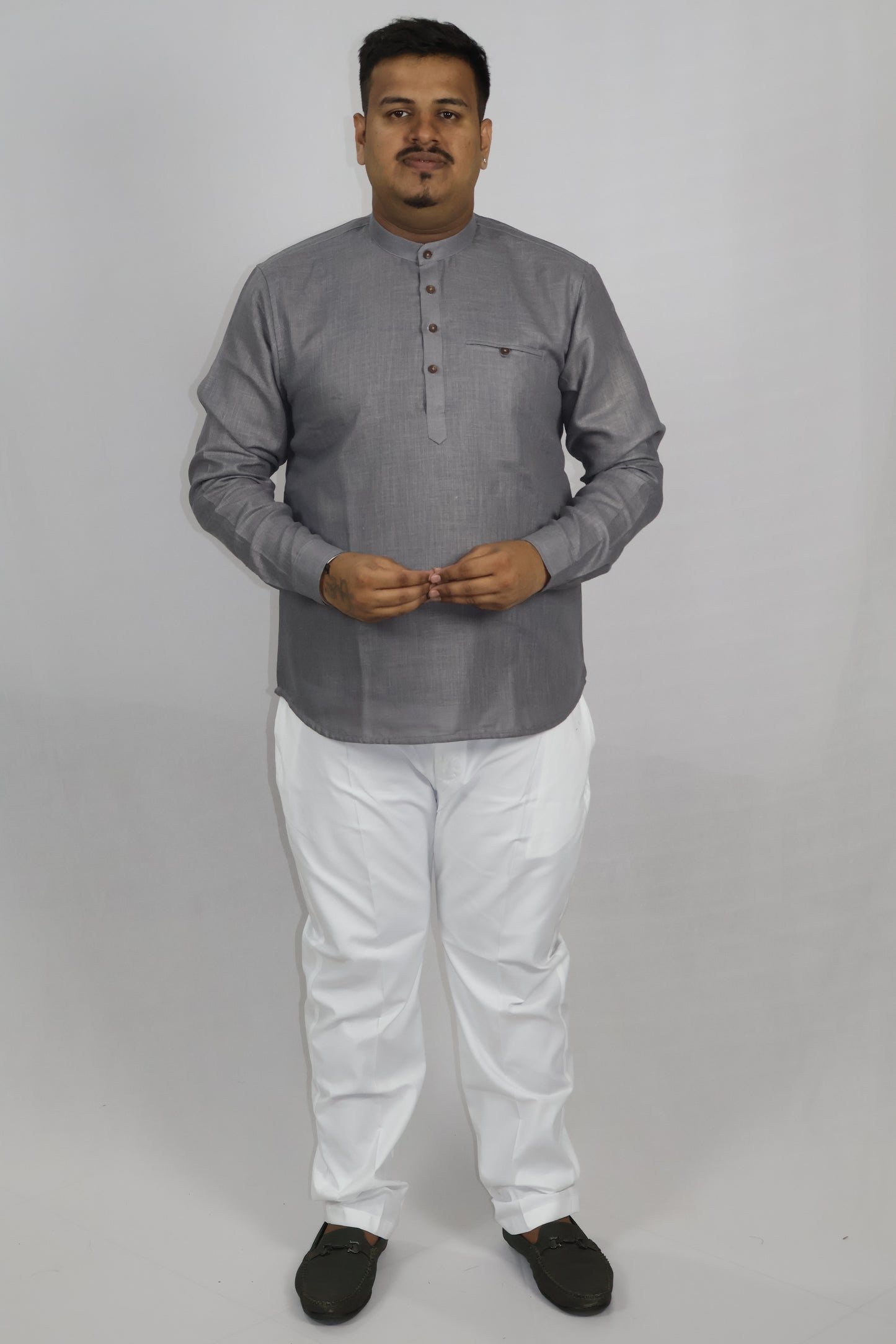 SHARPLINEN MEN'S FULL SLEEVE KURTA DARK GREY