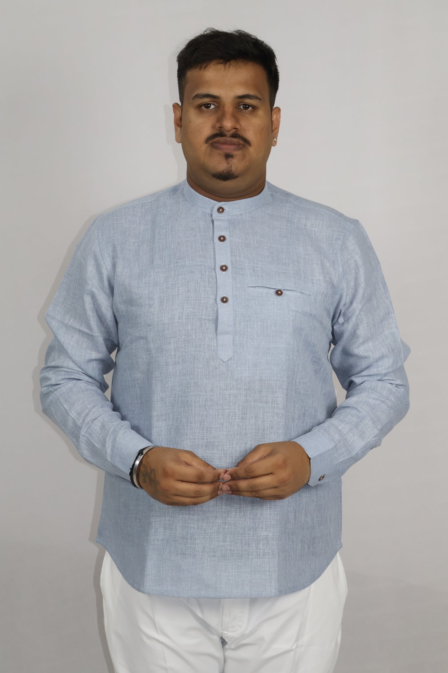 SHARPLINEN MEN'S FULL SLEEVE KURTA GREYISH BLUE