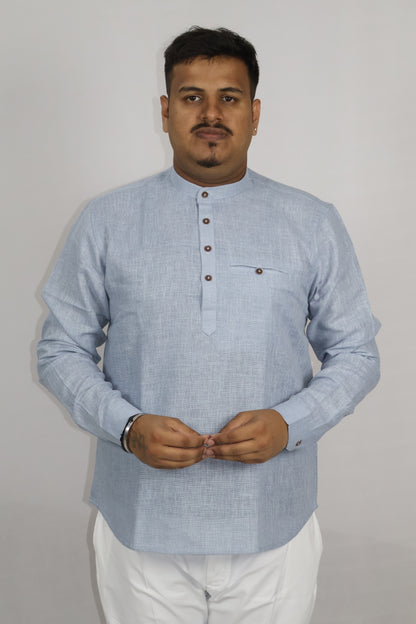 SHARPLINEN MEN'S FULL SLEEVE KURTA GREYISH BLUE