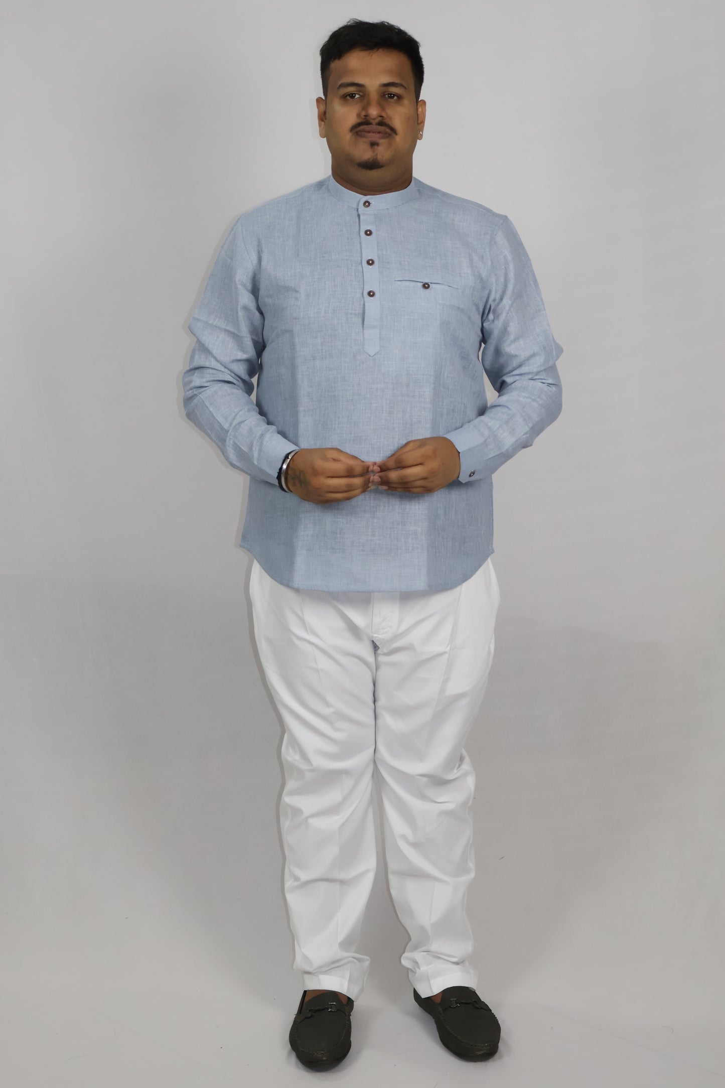 SHARPLINEN MEN'S FULL SLEEVE KURTA GREYISH BLUE