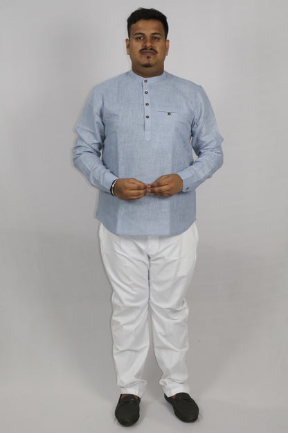 SHARPLINEN MEN'S FULL SLEEVE KURTA GREYISH BLUE