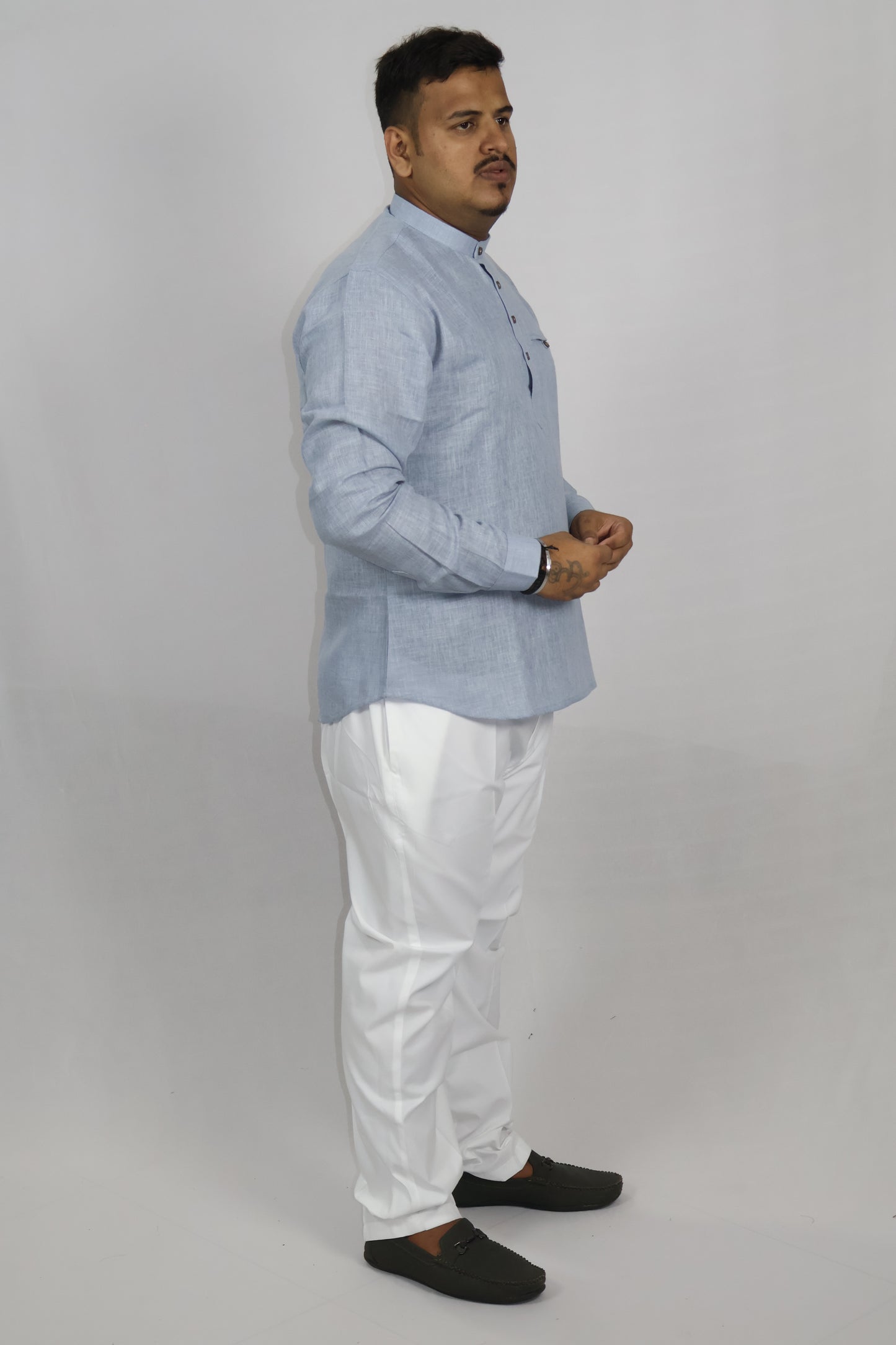 SHARPLINEN MEN'S FULL SLEEVE KURTA GREYISH BLUE
