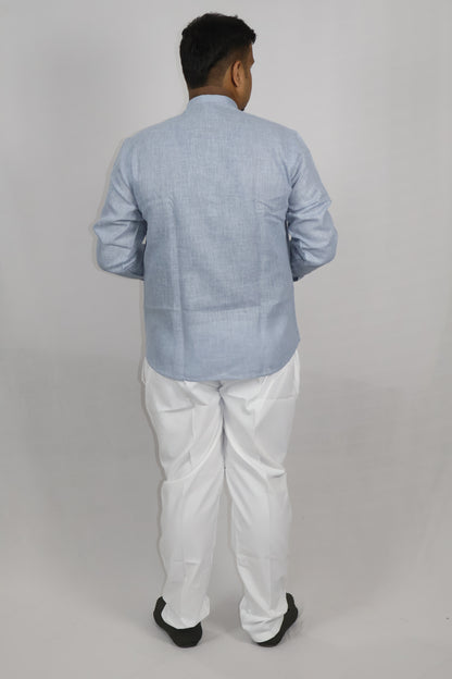 SHARPLINEN MEN'S FULL SLEEVE KURTA GREYISH BLUE