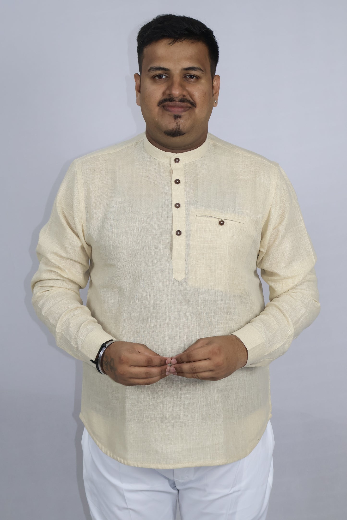SHARPLINEN MEN'S FULL SLEEVE KURTA LIGHT BEIGE