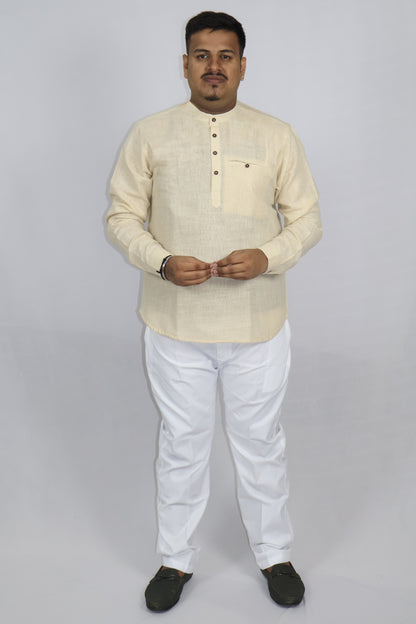 SHARPLINEN MEN'S FULL SLEEVE KURTA LIGHT BEIGE