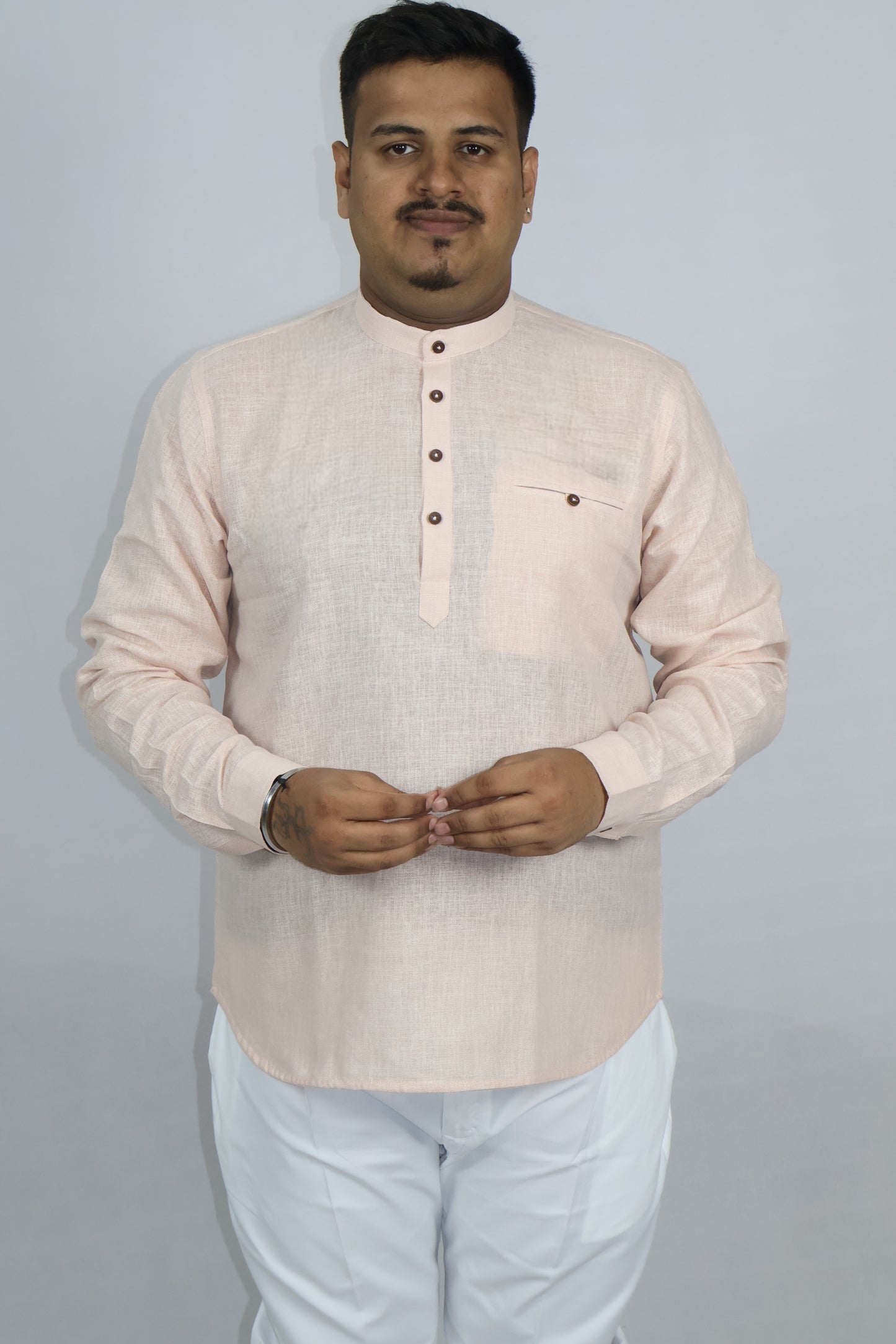 SHARPLINEN MEN'S FULL SLEEVE KURTA LIGHT PEACH