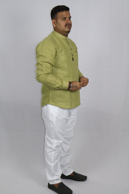 SHARPLINEN MEN'S FULL SLEEVE KURTA MEHENDI GREEN