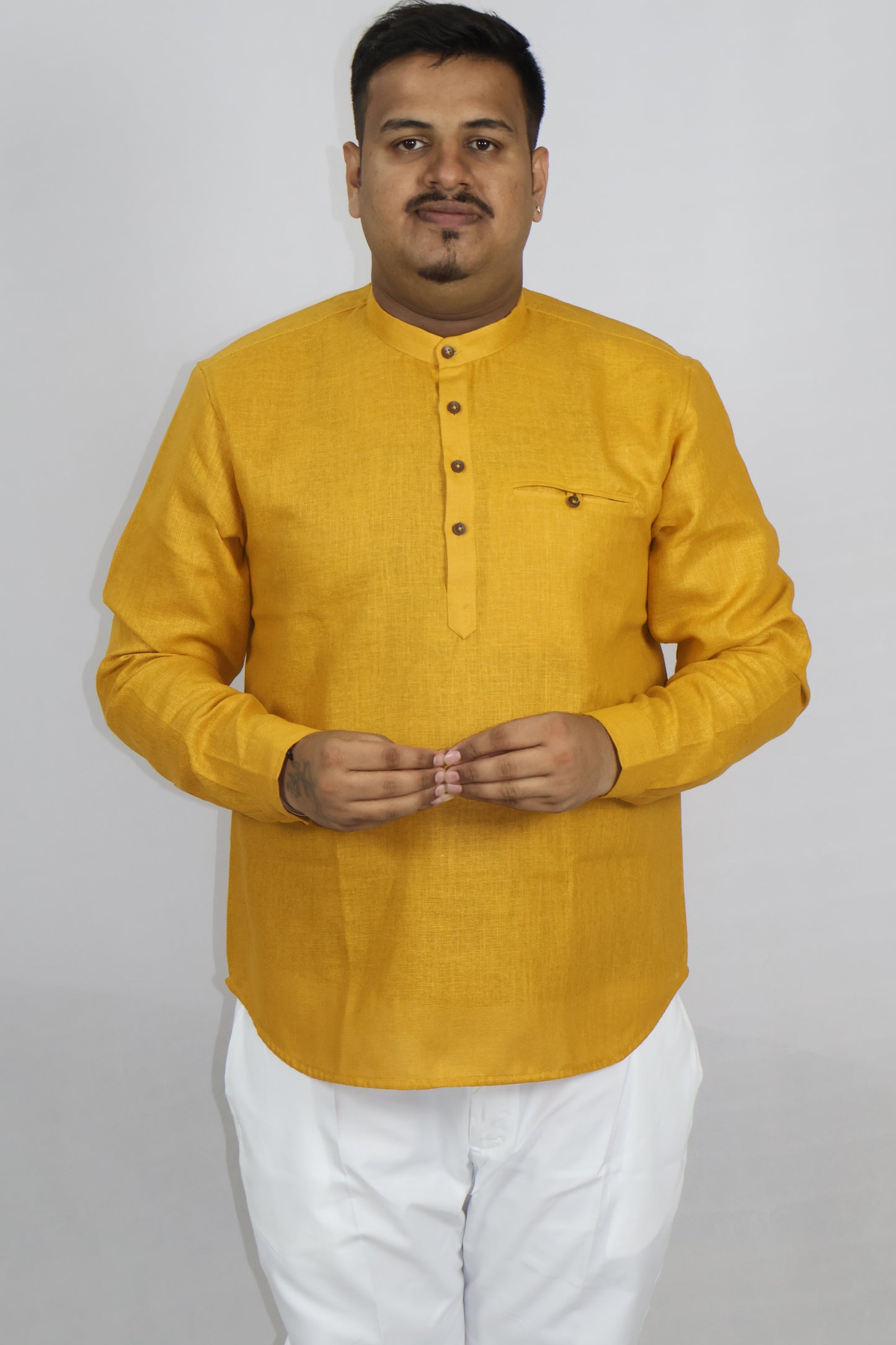 SHARPLINEN MEN'S FULL SLEEVE KURTA MUSTARD YELLOW