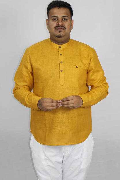 SHARPLINEN MEN'S FULL SLEEVE KURTA MUSTARD YELLOW