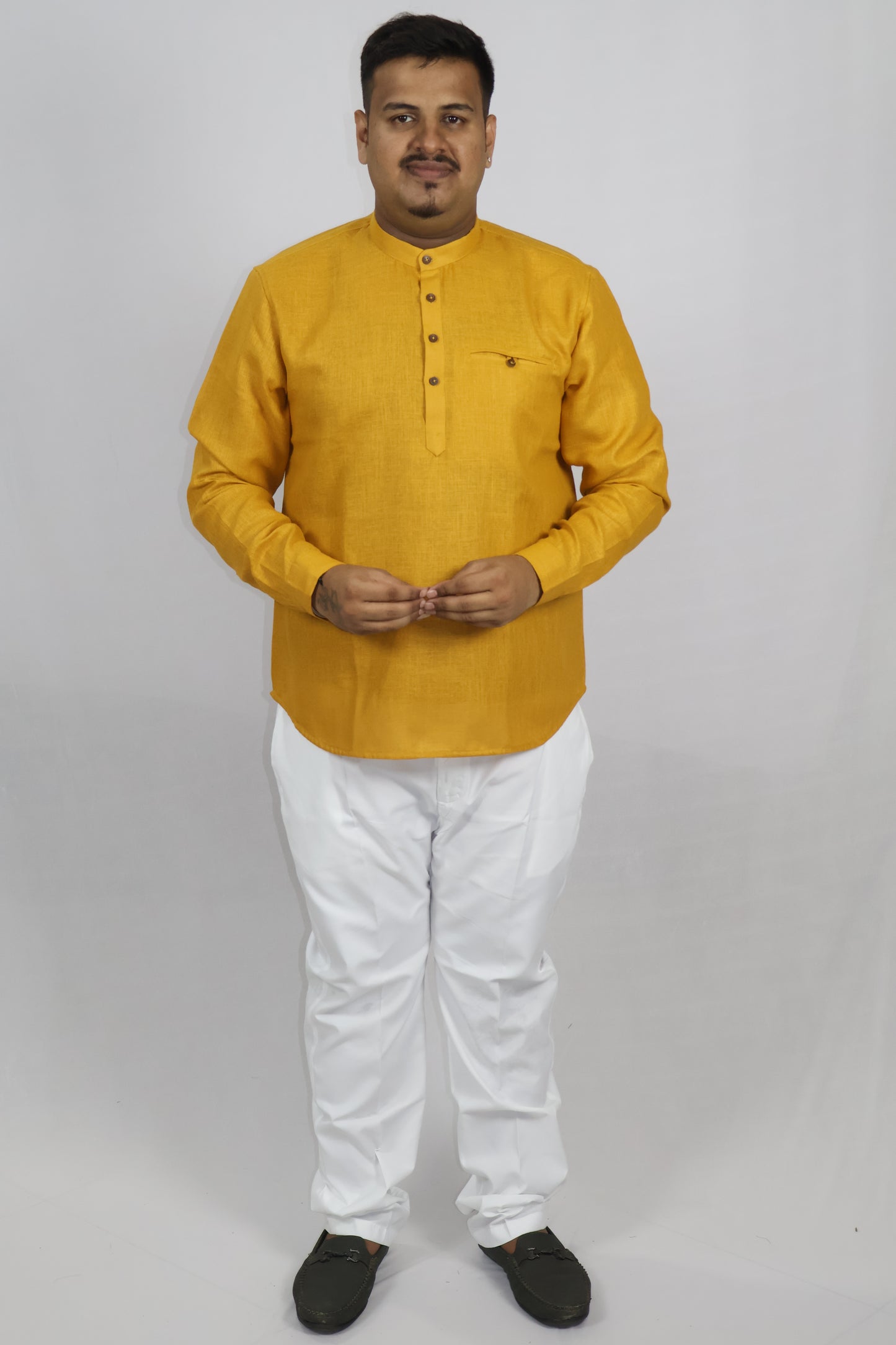 SHARPLINEN MEN'S FULL SLEEVE KURTA MUSTARD YELLOW