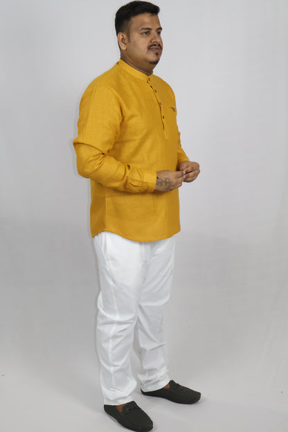 SHARPLINEN MEN'S FULL SLEEVE KURTA MUSTARD YELLOW