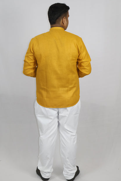 SHARPLINEN MEN'S FULL SLEEVE KURTA MUSTARD YELLOW