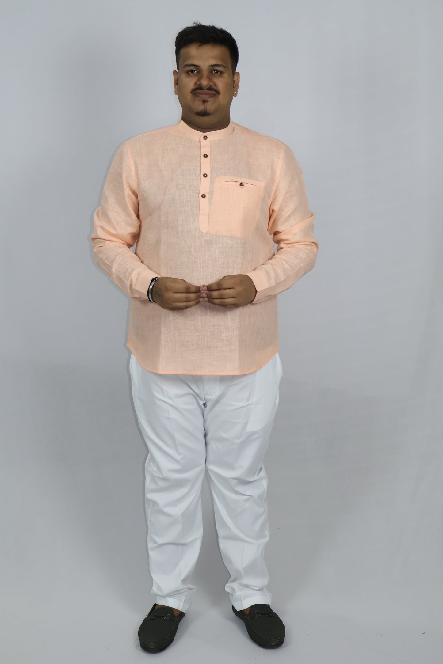 SHARPLINEN MEN'S FULL SLEEVE KURTA PEACH