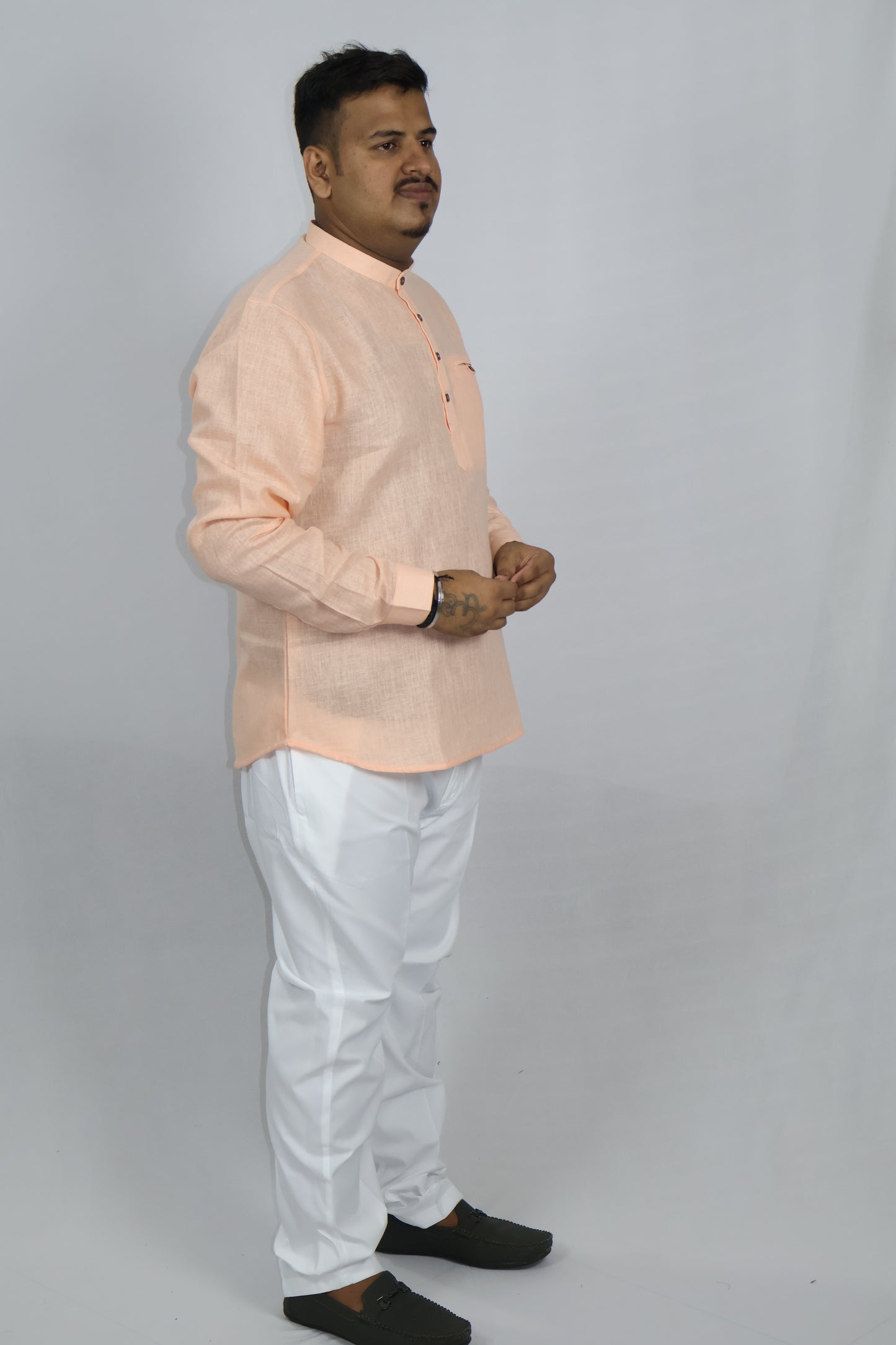 SHARPLINEN MEN'S FULL SLEEVE KURTA PEACH