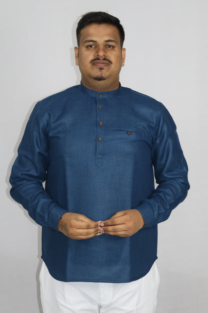SHARPLINEN MEN'S FULL SLEEVE KURTA PEACOCK BLUE