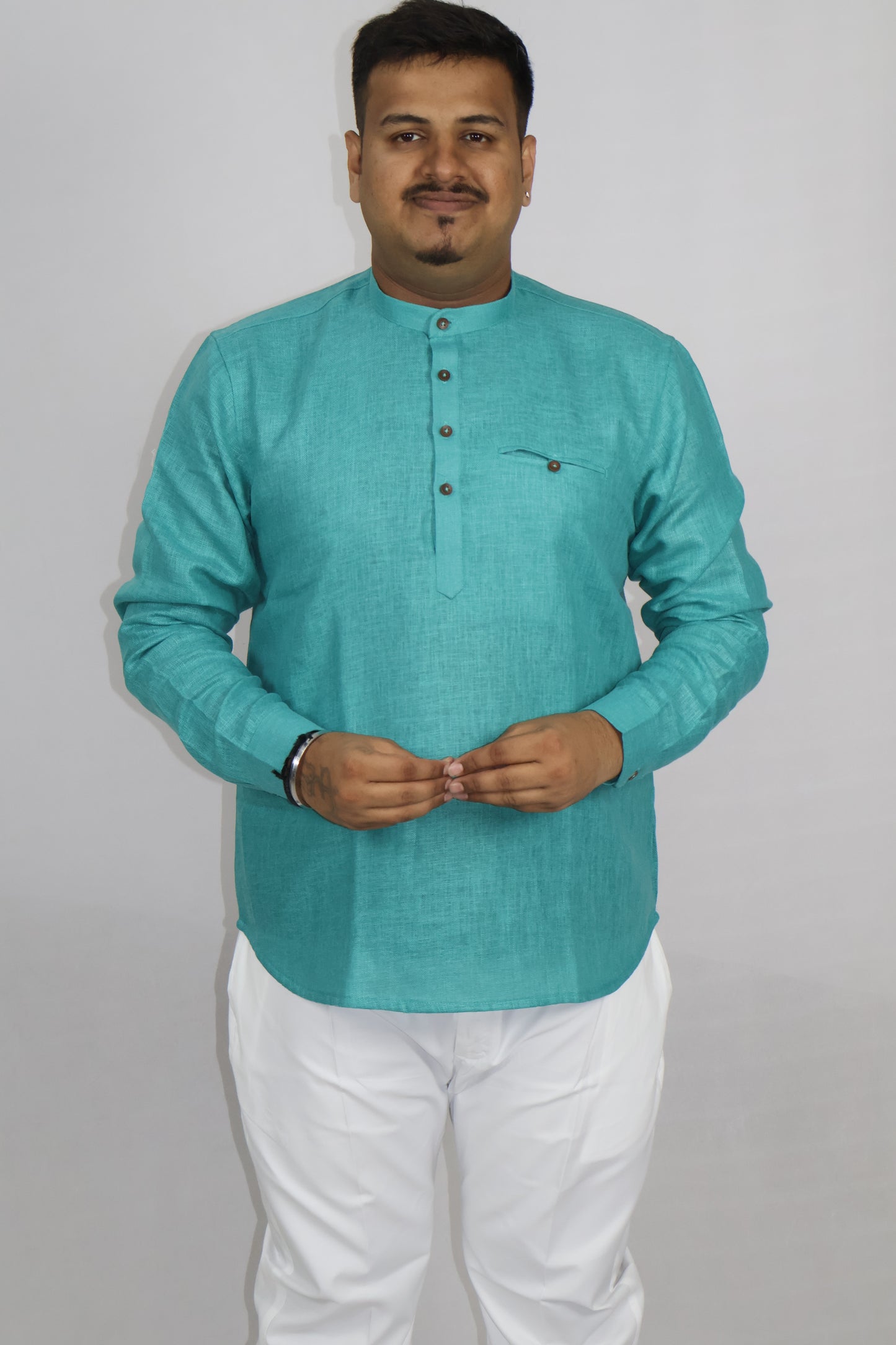 SHARPLINEN MEN'S FULL SLEEVE KURTA RAMA GREEN