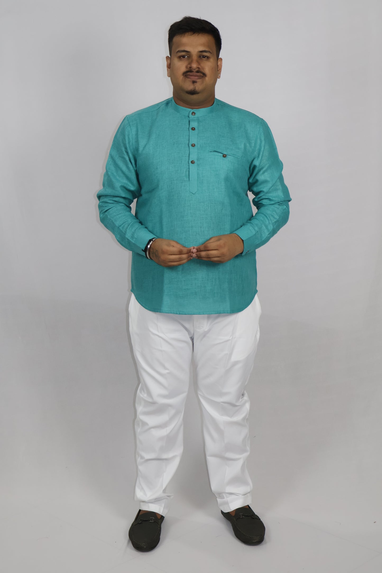 SHARPLINEN MEN'S FULL SLEEVE KURTA RAMA GREEN