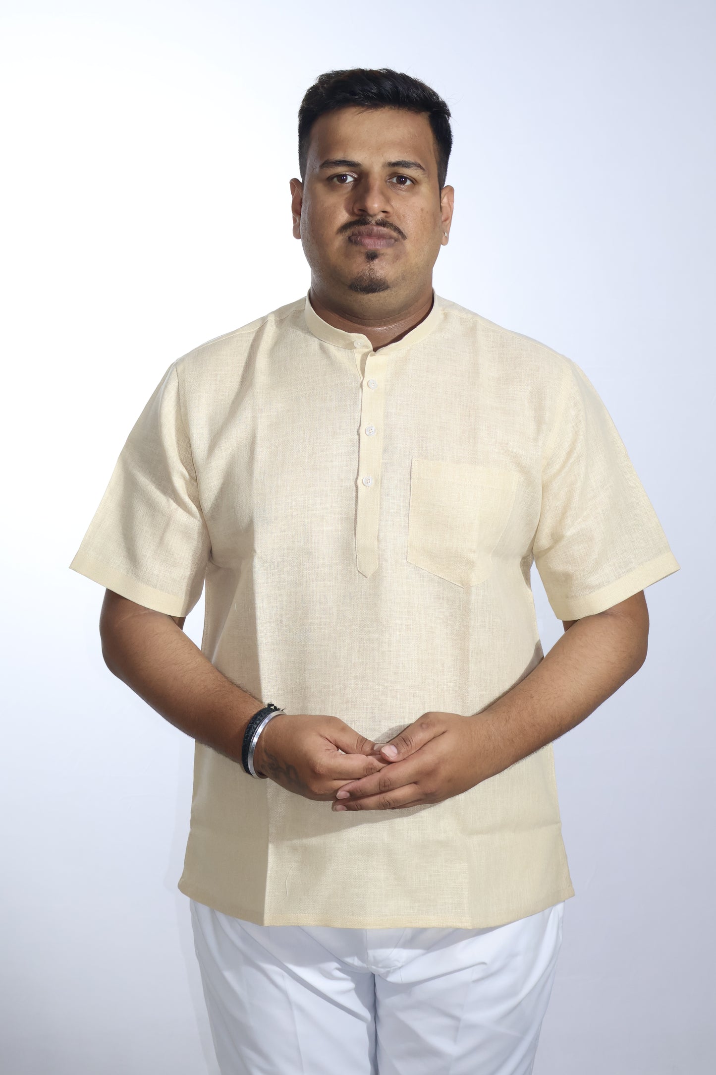 SHARPLINEN MEN'S HALF SLEEVE KURTA LIGHT BEIGE