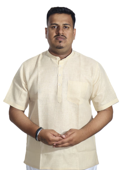 SHARPLINEN MEN'S HALF SLEEVE KURTA LIGHT BEIGE