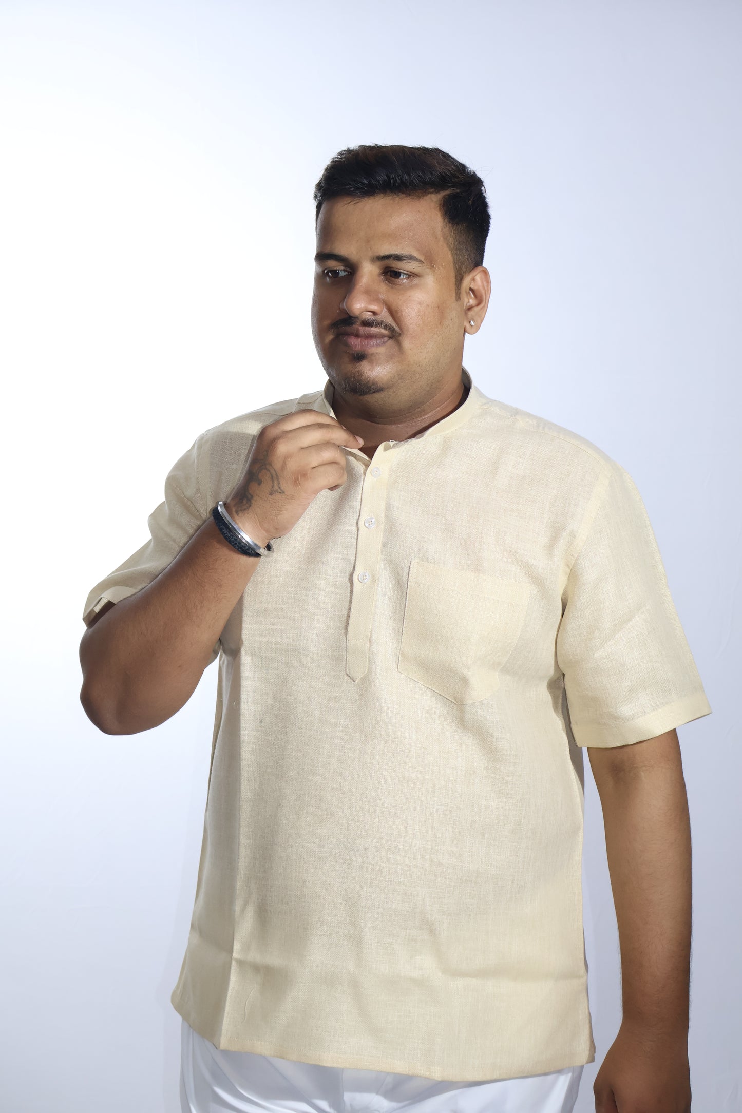 SHARPLINEN MEN'S HALF SLEEVE KURTA LIGHT BEIGE
