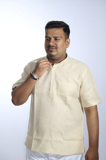 SHARPLINEN MEN'S HALF SLEEVE KURTA LIGHT BEIGE