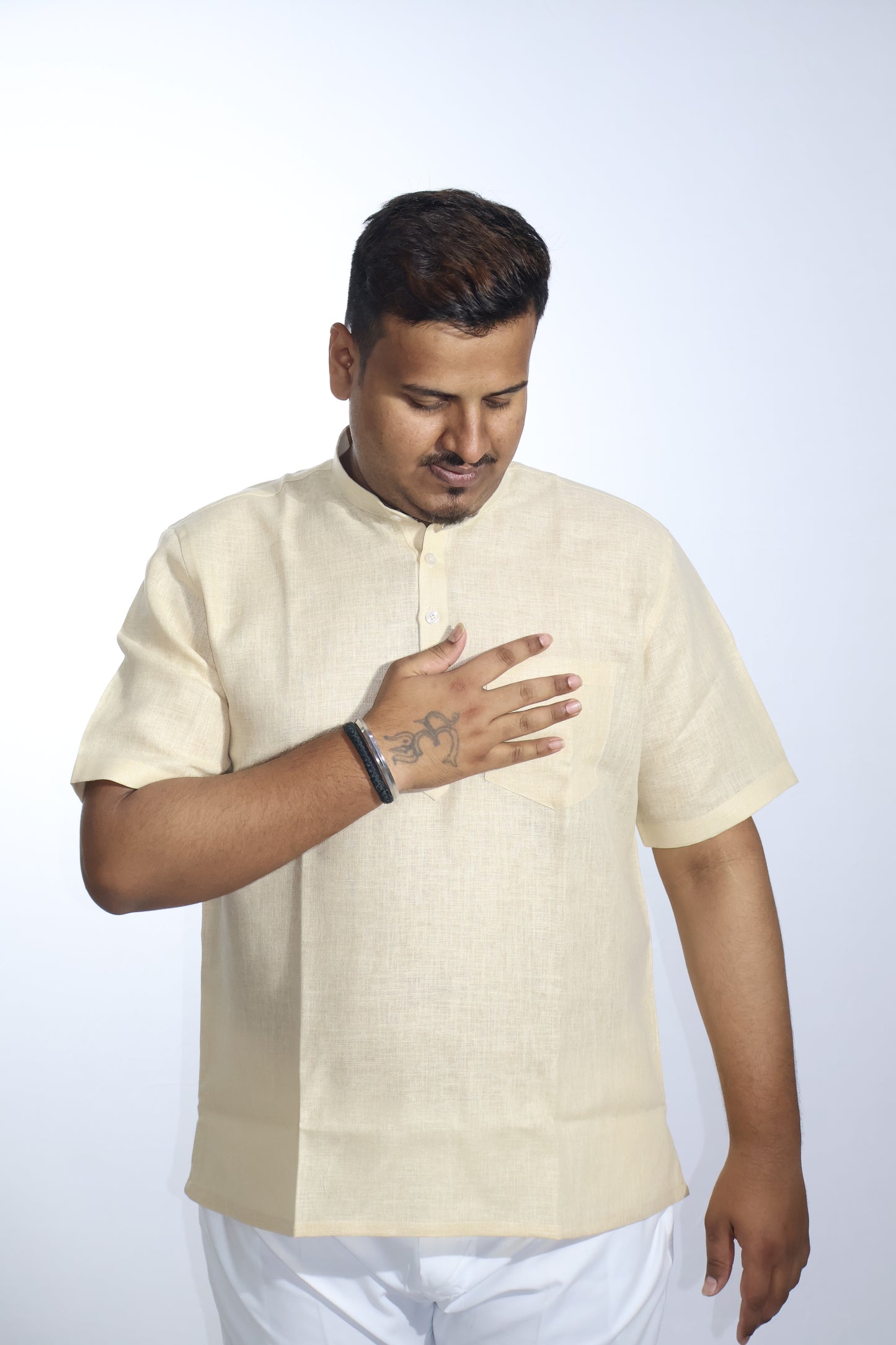 SHARPLINEN MEN'S HALF SLEEVE KURTA LIGHT BEIGE