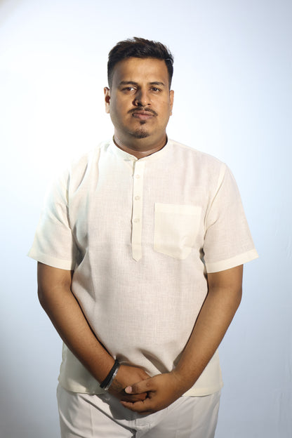 SHARPLINEN MEN'S HALF SLEEVE KURTA OFF WHITE
