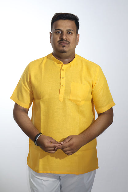 SHARPLINEN MEN'S HALF SLEEVE KURTA YELLOW
