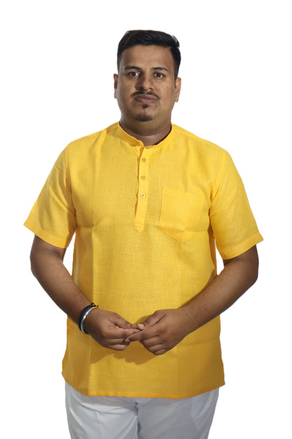 SHARPLINEN MEN'S HALF SLEEVE KURTA YELLOW