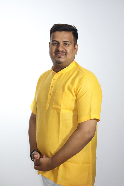 SHARPLINEN MEN'S HALF SLEEVE KURTA YELLOW
