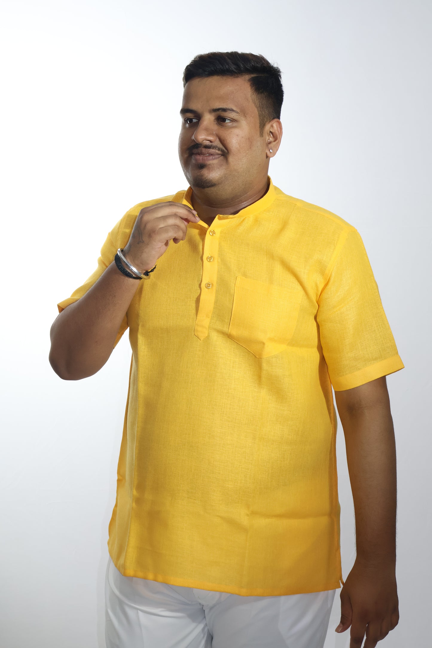 SHARPLINEN MEN'S HALF SLEEVE KURTA YELLOW