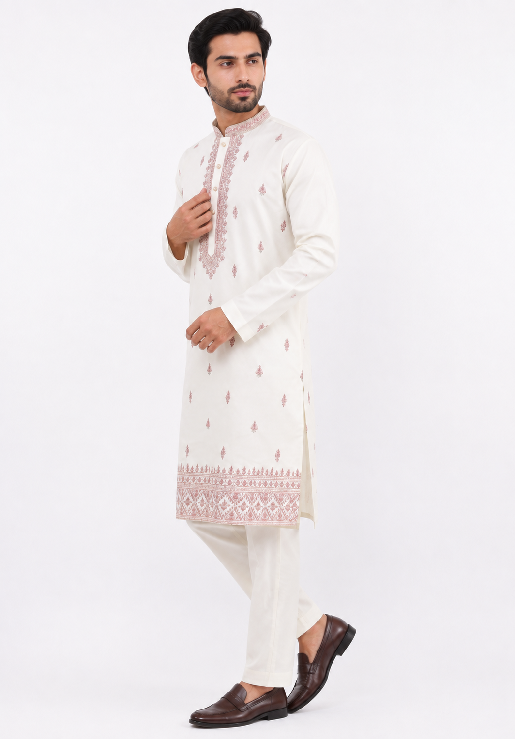 Men's mandarin collar Embroidery work kurta, Neck work, daman design and astar attached AST 20 - Pink