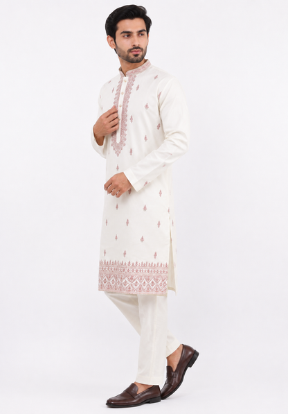 Men's mandarin collar Embroidery work kurta, Neck work, daman design and astar attached AST 20 - Pink