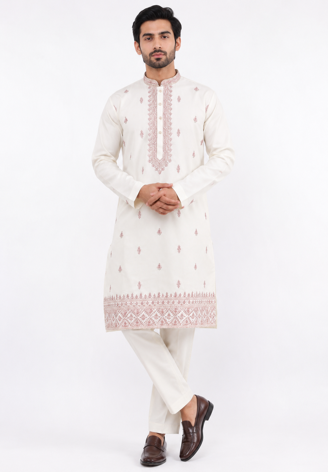 Men's mandarin collar Embroidery work kurta, Neck work, daman design and astar attached AST 20 - Pink
