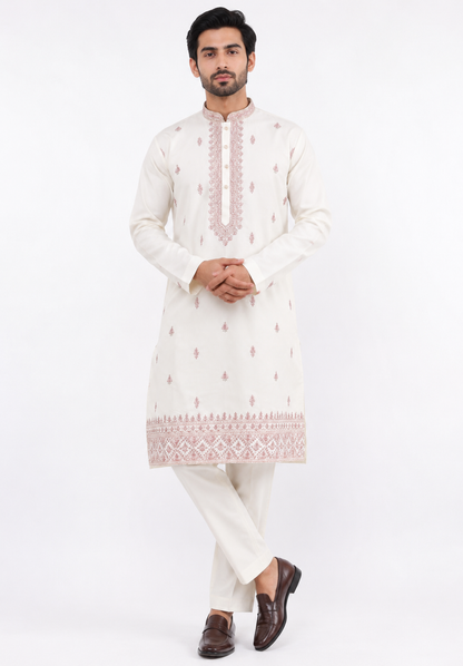 Men's mandarin collar Embroidery work kurta, Neck work, daman design and astar attached AST 20 - Pink